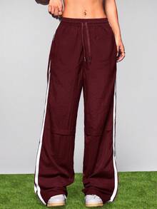 SHEIN Cheerettes 女士休闲运动侧条纹口袋宽松裤 - 紅木色 - 查看 4
