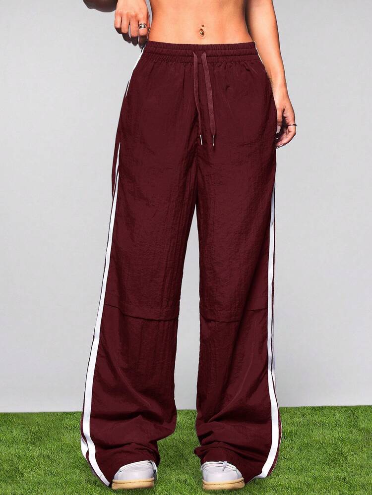 SHEIN Cheerettes 女士休闲运动侧条纹口袋宽松裤 - 紅木色 - 查看 4