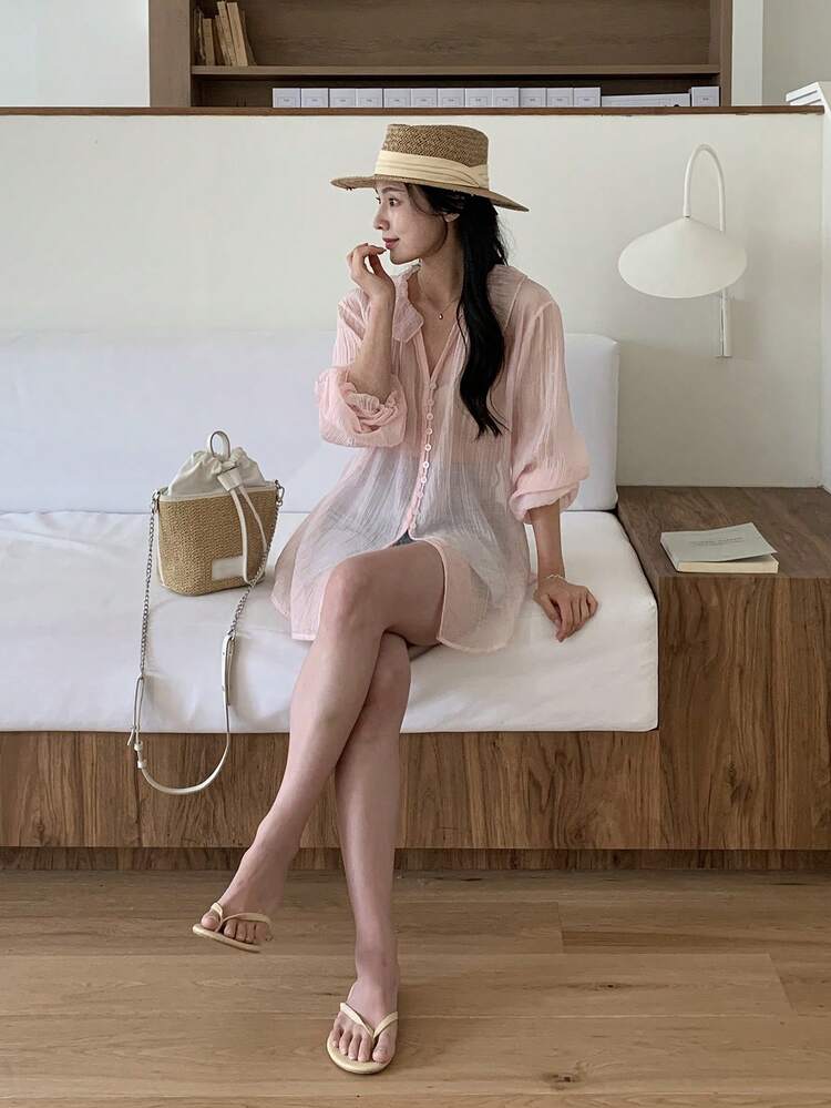 Women's Solid Color V-Neck Loose Semi-Sheer Long Sleeve Blouse Spring