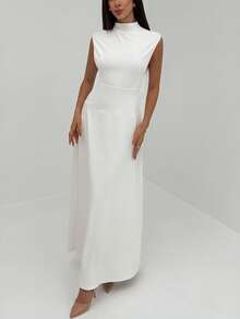 Aloruh 新款复古白色高领无袖系带A字连衣裙，显瘦 - 白色 - 查看 3