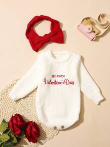SHEIN 2pcs Set My First Valentine's Day Embroidery Newborn Photography Outfits Knitted Baby Girl Romper With Bow Headband 1 Month 100 Days Infant Photo Props - Multicolor - View 5