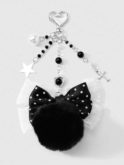 ROMWE Kawaii 1pc INS Korean Style Cute Sweet Girl Fashionable High-Quality Silver Chain Pink Furball Resin Bow Strawberry Flocked Small Rabbit Pendant & Keychain, Suitable For Women, Daily Use Or Festival Gift Valentines