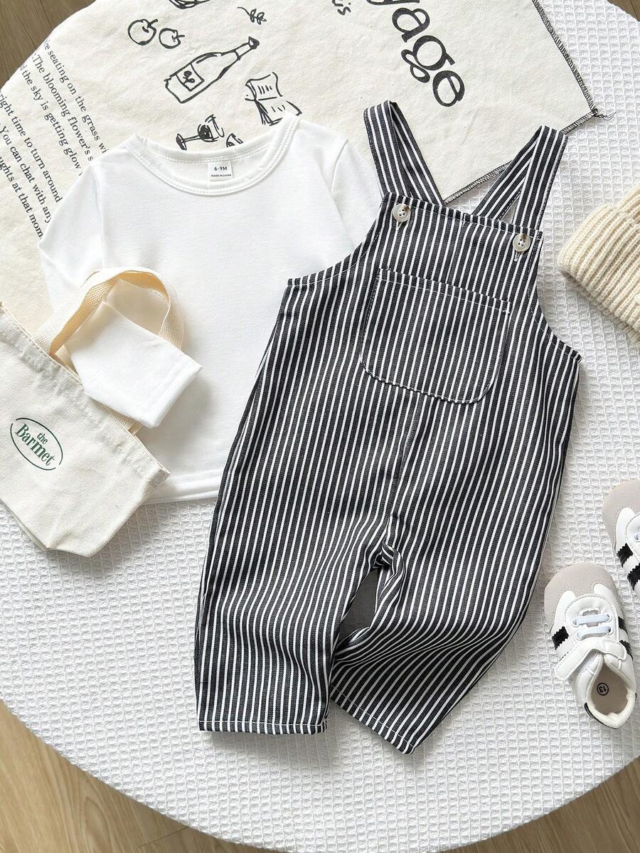 Playful Pals 男婴休闲条纹背带裤及长袖圆领上衣套装，秋冬季
