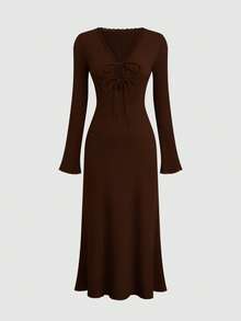 Sweetra Plus Size Solid Color Textured Contrast Lace A-Line Dress, Women Spring/Autumn - Coffee Brown - View 1