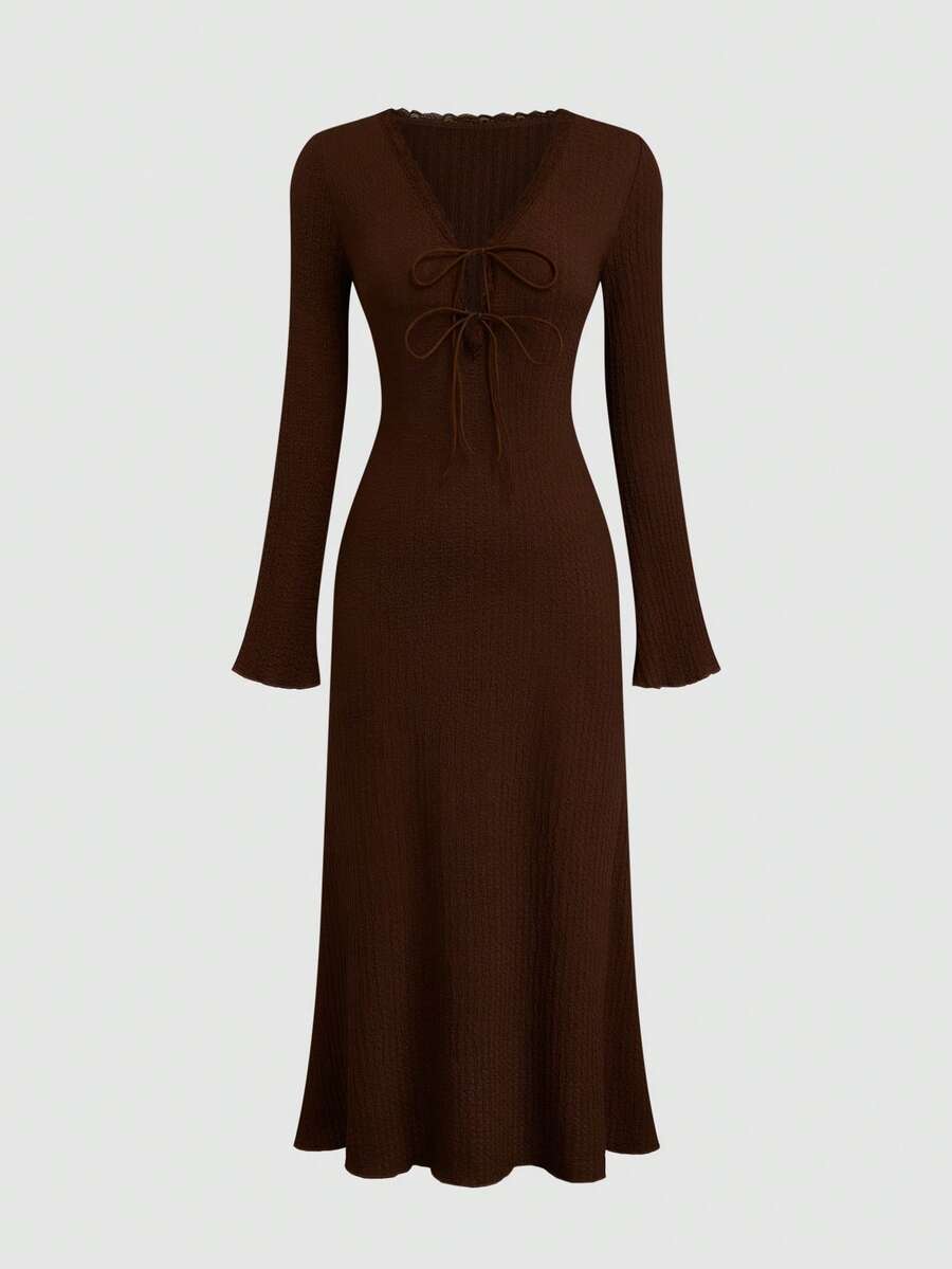 Sweetra Plus Size Solid Color Textured Contrast Lace A-Line Dress, Women Spring/Autumn - Coffee Brown - View 1