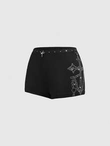 ROMWE Grunge Punk Women's Ultra Low Waist Skinny Rhinestone Cross Pattern Mini Shorts - Black - View 1