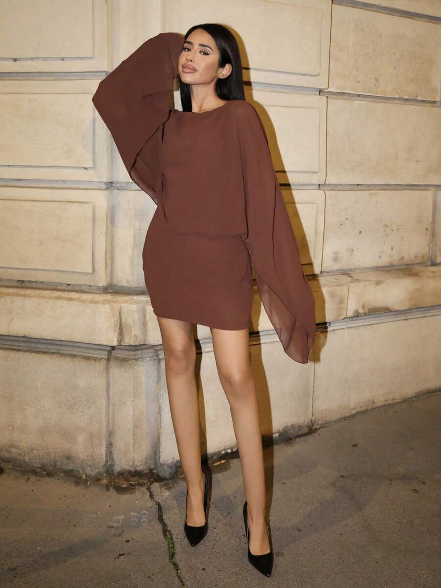 Yassique Vestido mini de cuello de barco con mangas, de estilo bohemio, elegante y sexy, ideal para vacaciones, verano, festivales, fiestas, bodas, citas y otras ocasiones especiales - Marrón - Ver 1