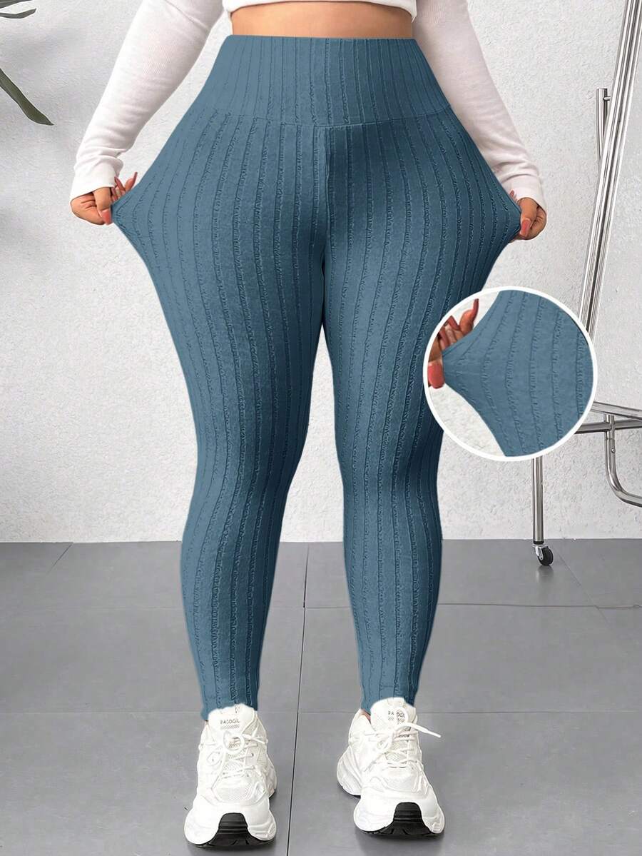 SHEIN EZwear 大码浅蓝色纯色简约打底裤,日常穿着 - 霧霾藍 - 查看 1