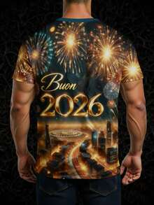 Manfinity Homme Áo thun nam tay ngắn in hình pháo hoa mừng năm mới và phong cảnh thành phố về đêm - Nhiều màu - Xem 2