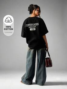 MISSGUIDED Áo thun thể thao Copenhagen cỡ lớn, phong cách cổ điển, thẩm mỹ, thời trang đường phố, in họa tiết trường học, tay ngắn, chất liệu cotton, áo thun thường ngày cơ bản - màu đen - Xem 1