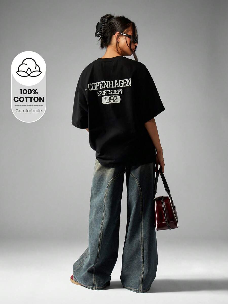 MISSGUIDED Áo thun thể thao Copenhagen cỡ lớn, phong cách cổ điển, thẩm mỹ, thời trang đường phố, in họa tiết trường học, tay ngắn, chất liệu cotton, áo thun thường ngày cơ bản - màu đen - Xem 1