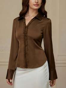 BELROSIE Satin Fabric, Tie-Back Waist Decor, Ruffle Hem Design Elegant & Versatile Long Sleeve Blouse - Coffee Brown - View 3