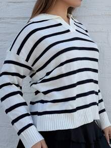 Nezia Cruz Plus Size Women's French Stripe Turn-Down Collar Knitted Sweater, Winter  Fall Outfit Autumn - White - View 3