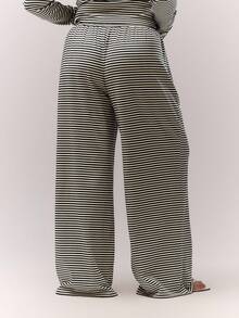 MUSERA Plus Wide Leg Baggy Drawstring Stripe Trousers Only Casual Cute Cosy   Night In - Black and White - View 4
