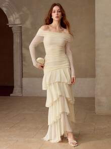 MOTF PREMIUM WOMEN'S PLEATED TEXTURED FITTED LONG DRESS, AUTUMN/WINTER