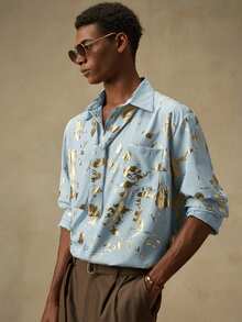 AKNOTIC Business Casual Men's Long Sleeve Single-Breasted Pocket Fashionable Foil Shirt Mens Champagne Shirt Mens Gold Print Shirt Mens Casual Shirt - Blue - View 4