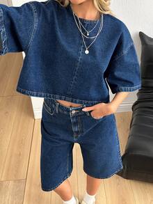 EURMUSE WOMEN Two Pieces OUTFIT DENIM TOP AND JORT SHORT HIGH WAIST JEAN - Medium Wash - View 7