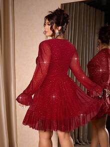 Cravure 大码女士优雅V领荷叶袖亮片腰部长款连衣裙，适合派对和正式场合，春秋季 - 紅色 - 查看 2