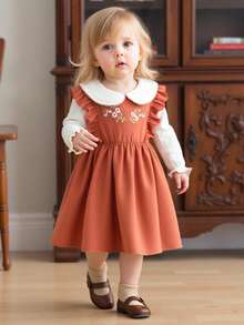 SHEIN Vintaside Kids Bộ đồ liền thân tay bồng cổ tròn in hoa bằng vải cotton cho bé gái và váy yếm thêu, trang phục lấy cảm hứng từ phong cách cổ điển cho tiệc vườn hồng, ngày lễ, Giáng sinh, năm mới, ngày lễ tình nhân - trái cam - Xem 3