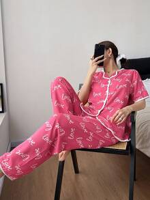 Dream Adore All-Over LOVE Print Romantic Bubble Crinkle Casual Women Pajama Set - Pink - View 4