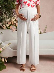 SHEIN 孕妇纯色直筒宽松休闲裤，带腰带环，适合情人节、婚礼派对等场合，白色阔腿裤 - 白色 - 查看 4