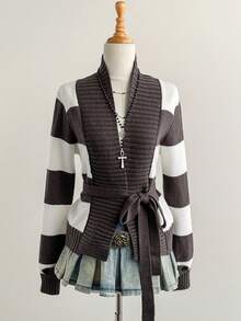 SHEIN Unity Cardigan Wanita Kasual Motif Garis-Garis Blok Warna dengan Tali Depan, Musim Gugur/Dingin - MultiWarna - View 3