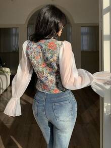 Modelyn Women's Random Print Tie Front Sheer Long Sleeve Elegant Blouse - Apricot - View 5