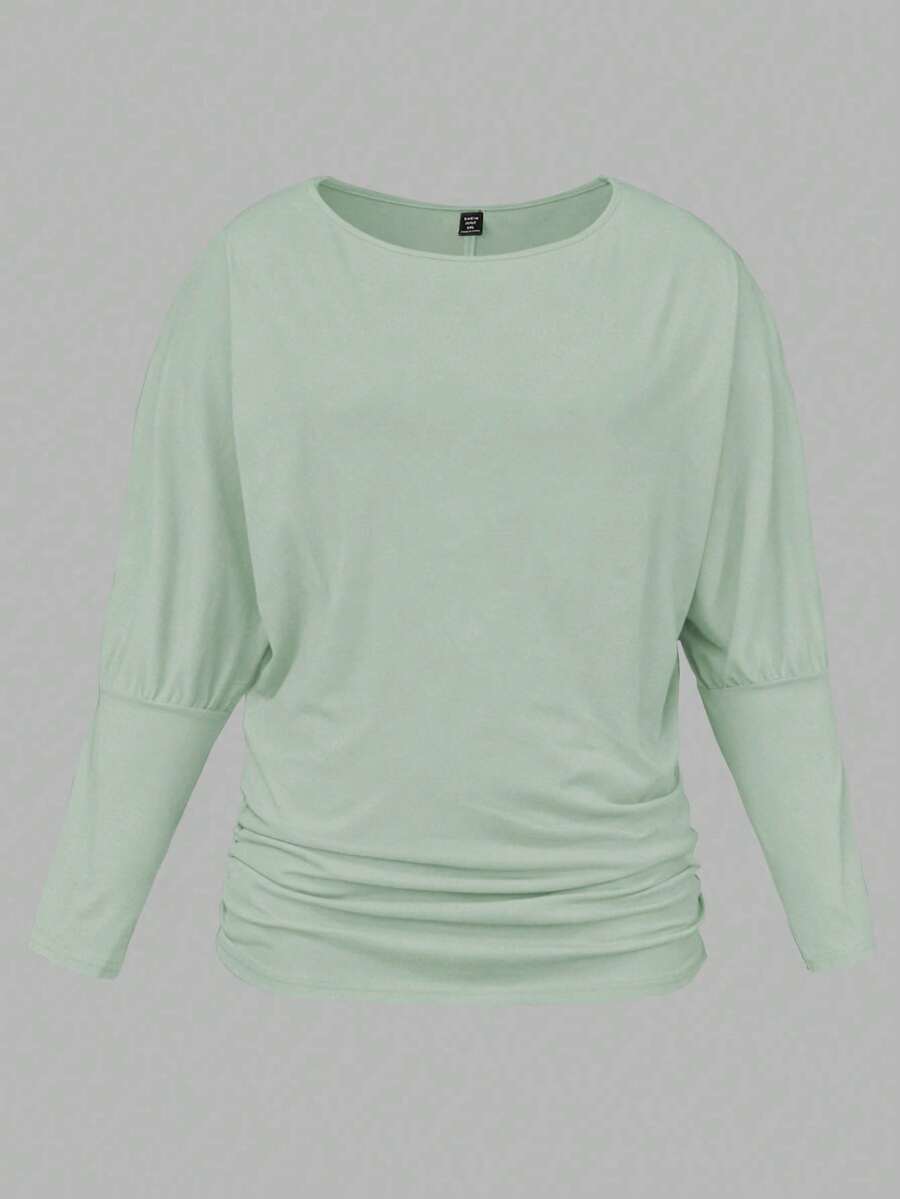 EMERY ROSE 女式大码休闲纯色圆领长袖针织T恤，秋冬 - 綠色 - 查看 1