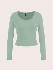 SHEIN EZwear 女士休闲简约高领插肩袖绿色修身长袖打底T恤，秋冬季 - 綠色 - 查看 2