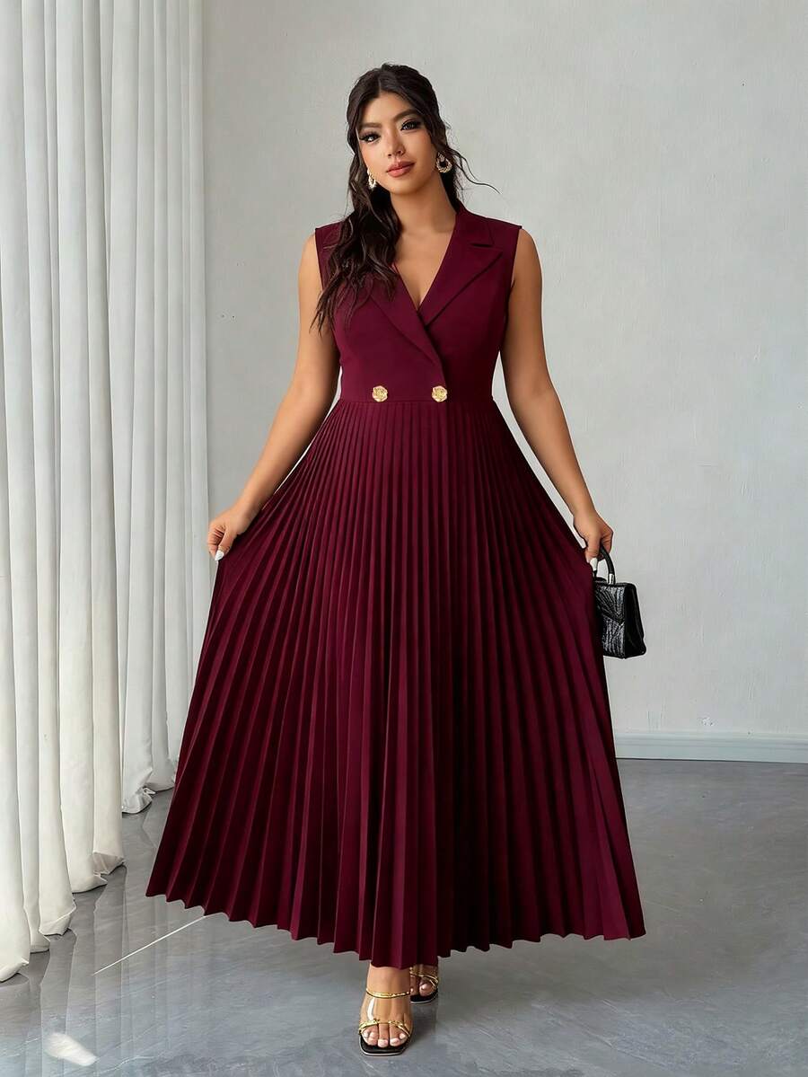 Elenzga 大码女士春夏优雅雪纺弹力修身美人鱼连衣裙 - 酒紅色 - 查看 1