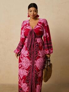 Travachic 大码浪漫优雅花卉豹纹V领前系蝴蝶结长袖连衣裙，适合新年派对和节日场合。 - 玫紅色 - 查看 1