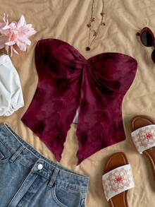 Soleia 女士休闲优雅扭结不对称下摆抹胸上衣，扎染印花，安哥拉红 - 彩色 - 查看 6