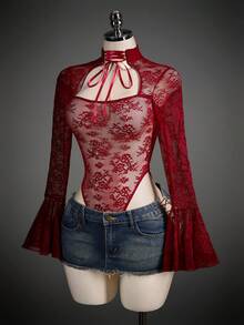 SHEIN ICON Lace Sheer Square Neck Criss-Cross Tie Flare Sleeve Women Bodysuit - Burgundy - View 7