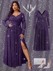 Ellevyn 大码优雅长袖连衣裙，心形领口，高开衩设计 - 紫色 - 查看 10