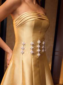 MOTF Soiréza FORM-FITTING STRAPLESS MAXI PARTY GOWN, STIFF LUSTROUS FABRIC, CHEST RUCHING & WAIST FAUX PEARL EMBELLISHMENT BACK LACE-UP DESIGN DRESS, IDEAL FOR WEDDINGS, GALAS & FORMAL EVENINGS, STYLE WITH STRAPPY HEELS & DAINTY JEWELRY - Yellow - View 3