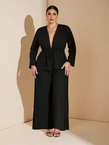 SHEIN BAE Set de 2 piese, cu mânecă lungă și legături în față, mărime plus, negru, pentru femei - Negru - Vizualizare 3