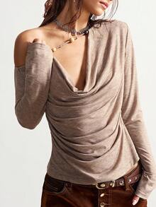 Bohemela BOHO Asymmetric Collar Solid Color Knit Long Sleeve T-Shirt For Women, Suitable For Winter, Christmas, New Year Party