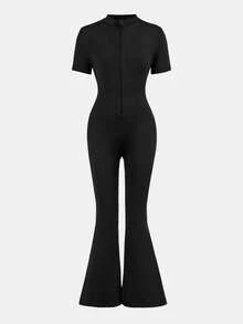 少女休闲纯色拉链喇叭连体裤