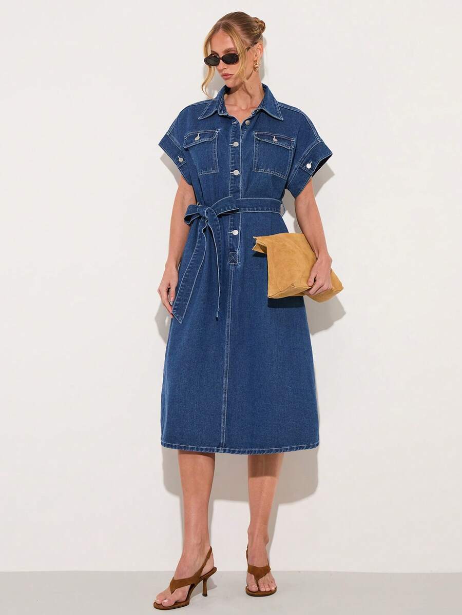 COSMINA Denim Vestido vaquero de manga corta con botones frontales, bolsillos y cintura con lazo, vestido vaquero elegante para ir al trabajo, vestido vaquero azul de manga corta, vestido vaquero casual para salidas y compras, vestido vaquero holgado, ajuste favorecedor, vestido vaquero para primavera/verano - Azul - Ver 1