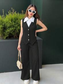 Sparklyn Teen GirlElegant Commuter Urban College Contrast Collar Cardigan + Suit Pants Top Set - Black - View 4