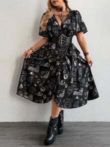 Whyspr Fashionable V-Neck Sexy Short Sleeve Waist Cinching Printed Dress - Black - View 6