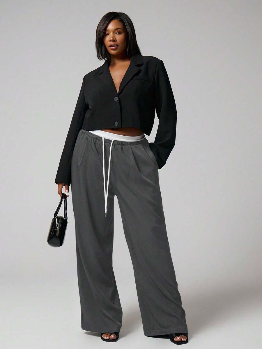 MUSERA 加大码直筒撞色系带腰带休闲裤 - 深灰色 - 查看 1