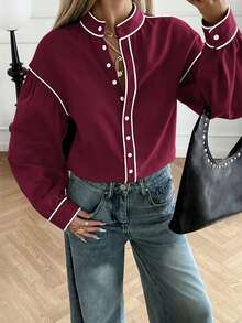 Siren Gaze Camicia a maniche lunghe con bordi a contrasto, blusa in cotone con collo alla coreana, autunnale - Bordò - Visualizzare 5