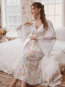 Camisón elegante con estampado floral, manga larga y aplicaciones de encaje, Vestido largo con estampado floral romántico francés de manga larga, Vestido largo de manga larga con estampado floral encantador para otoño/invierno, Camisón romántico y encantador para damas - Multicolor - Ver 4