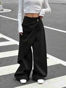 Muchica 女士黑色阔腿宽松交叉裹身休闲裤