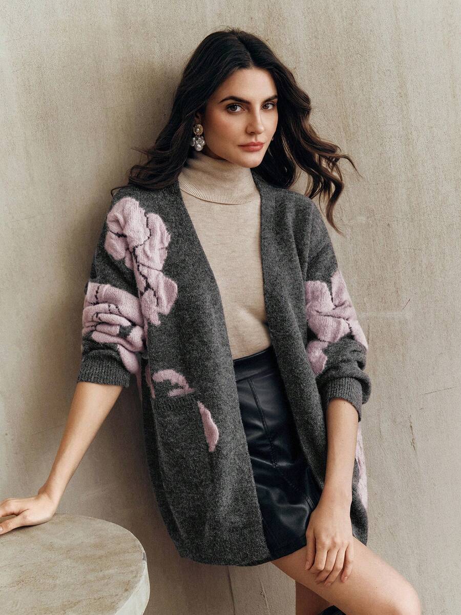 Anewsta Vintage Elegant Loose Fit Jacquard Floral Cardigan, Mid-Length, Wool, Autumn/Winter - Light Grey - View 1