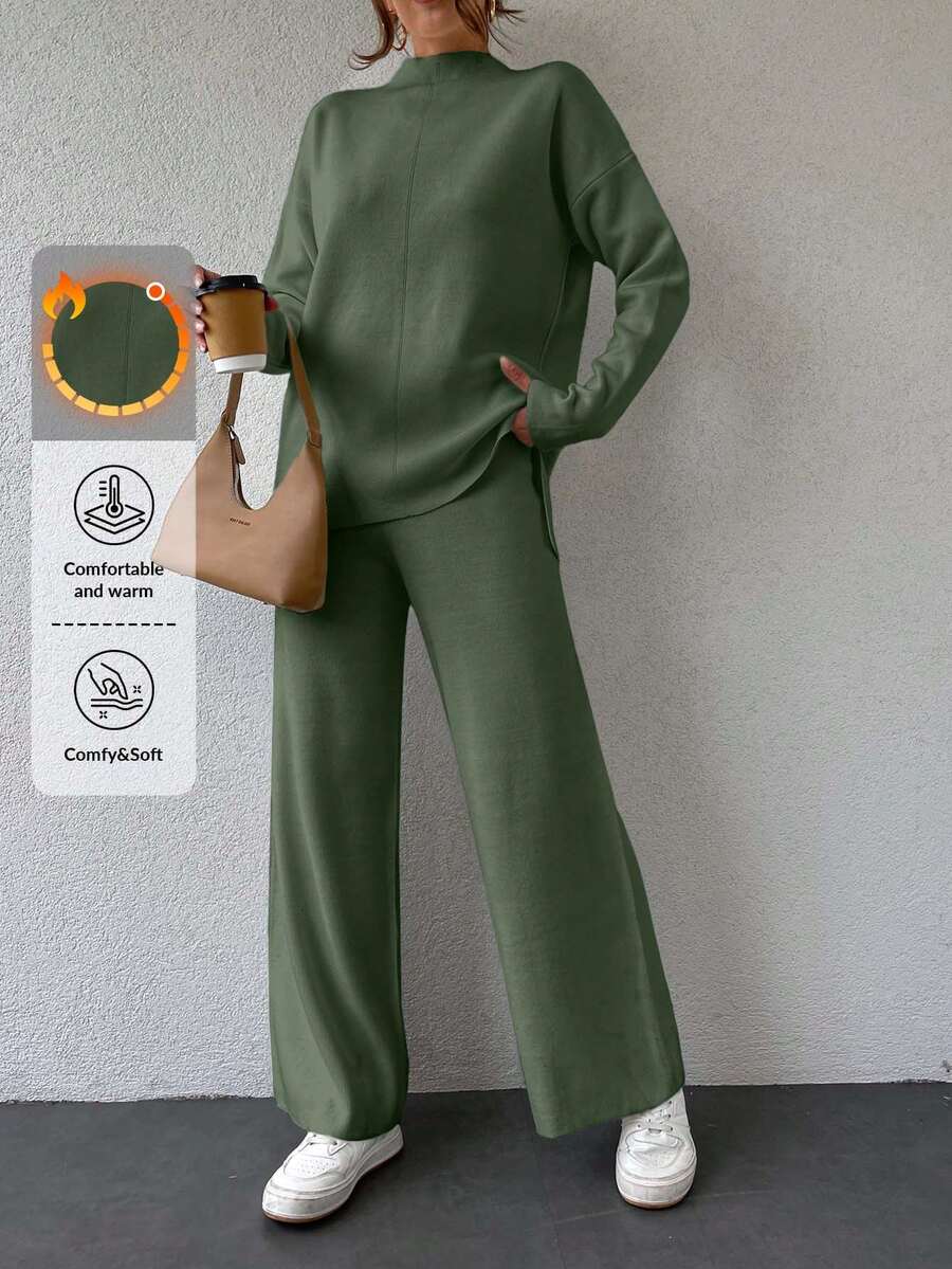EURMUSE 女式纯色立领长袖毛衣和针织休闲裤两件套,休闲 - 軍綠色 - 查看 1