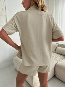 SHEIN Cottnline Solid Tank Top & Shorts & Button Front Shirt - Apricot - View 2