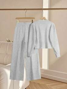 Franclia 2pcs/Set Women Casual Loose Knit Sweater & Pants Loungewear Set, Comfortable & Minimalist Design - Light Grey - View 2