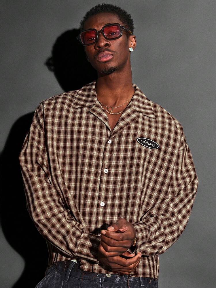 Brown Check Button Down Shirt With Patch